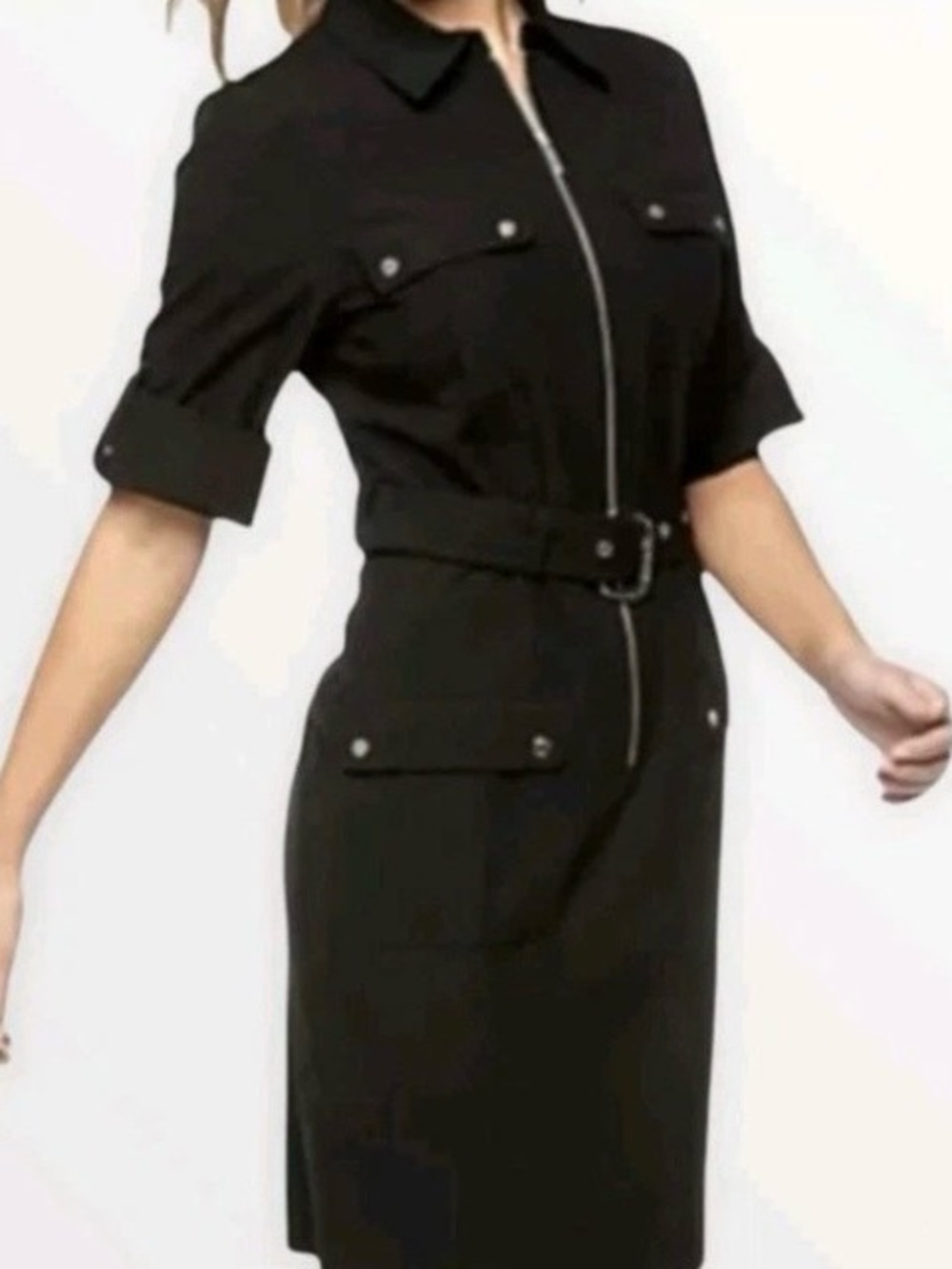 Michael Kors Black Zip Front Belted Shirt Dress Roll Tab Sleeve Women’s L